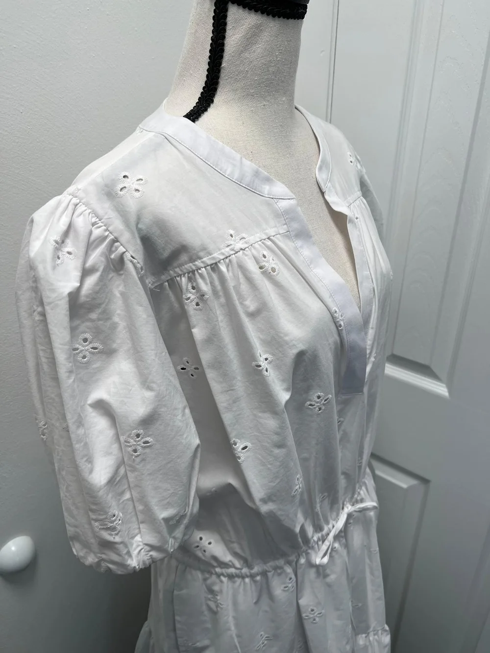 Women’s White Eyelet Tiered Mini Dress with Drawstring Waist 100% Cotton - Picture 6 of 13